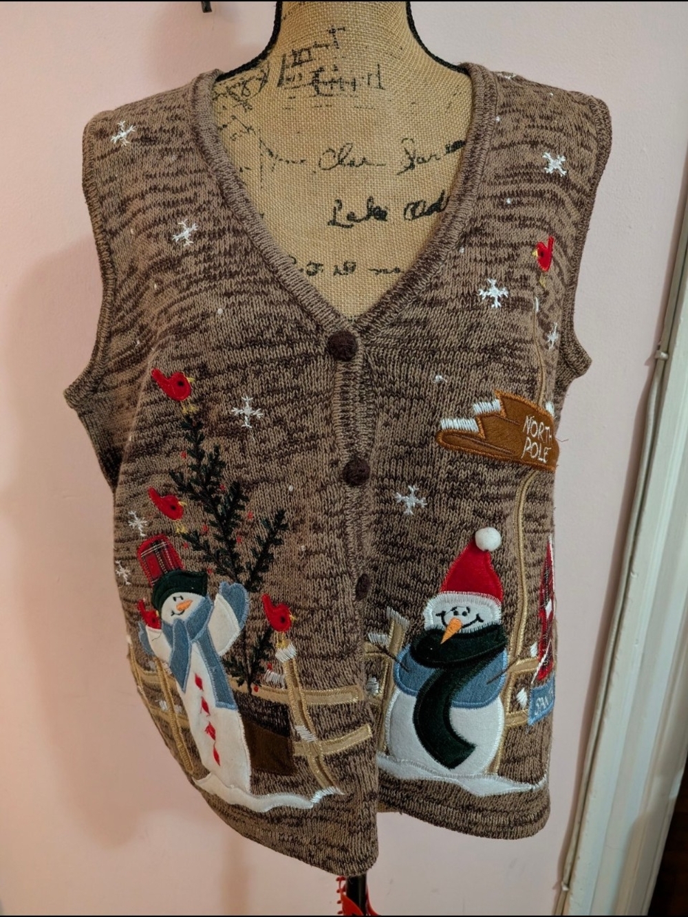 CJ Banks Brown Snowman Embroidered V-Neck Sweater Vest 1x